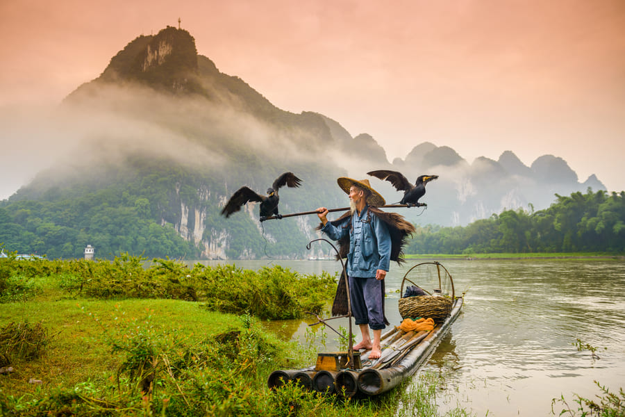 Pescador en el rio cormoran, con dos pajaros por los dos lados y un paisaje montañoso detras de el del yangshuo